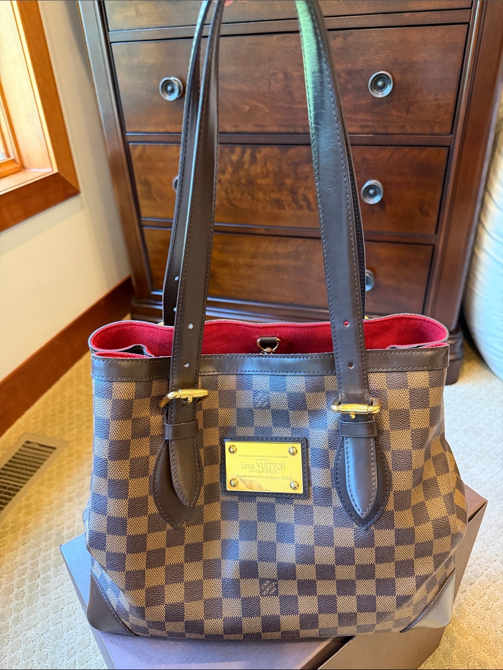 Louis Vuitton Hampstead MM Damier Ebene Canvas Tote with Red Interior
